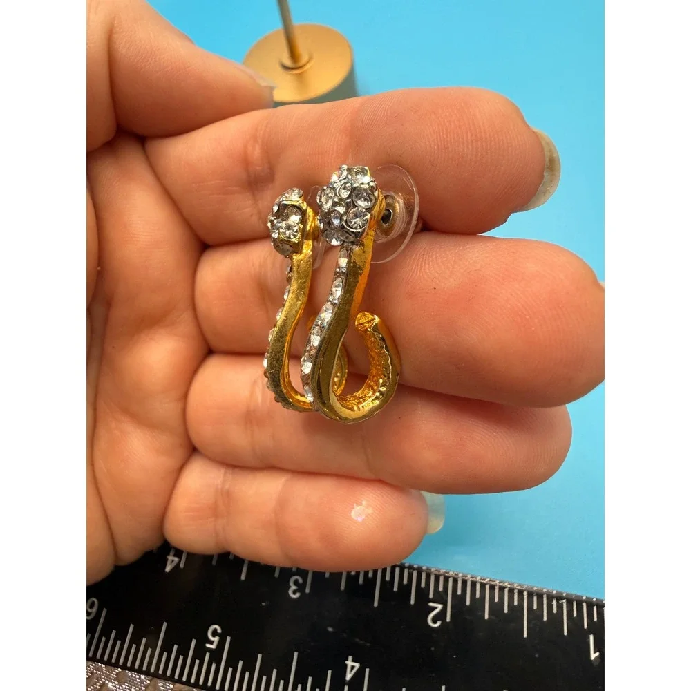 Gold‎ Tone Rhinestone J Hoop Curved Statement Earrings Clear Crystal Post Back
